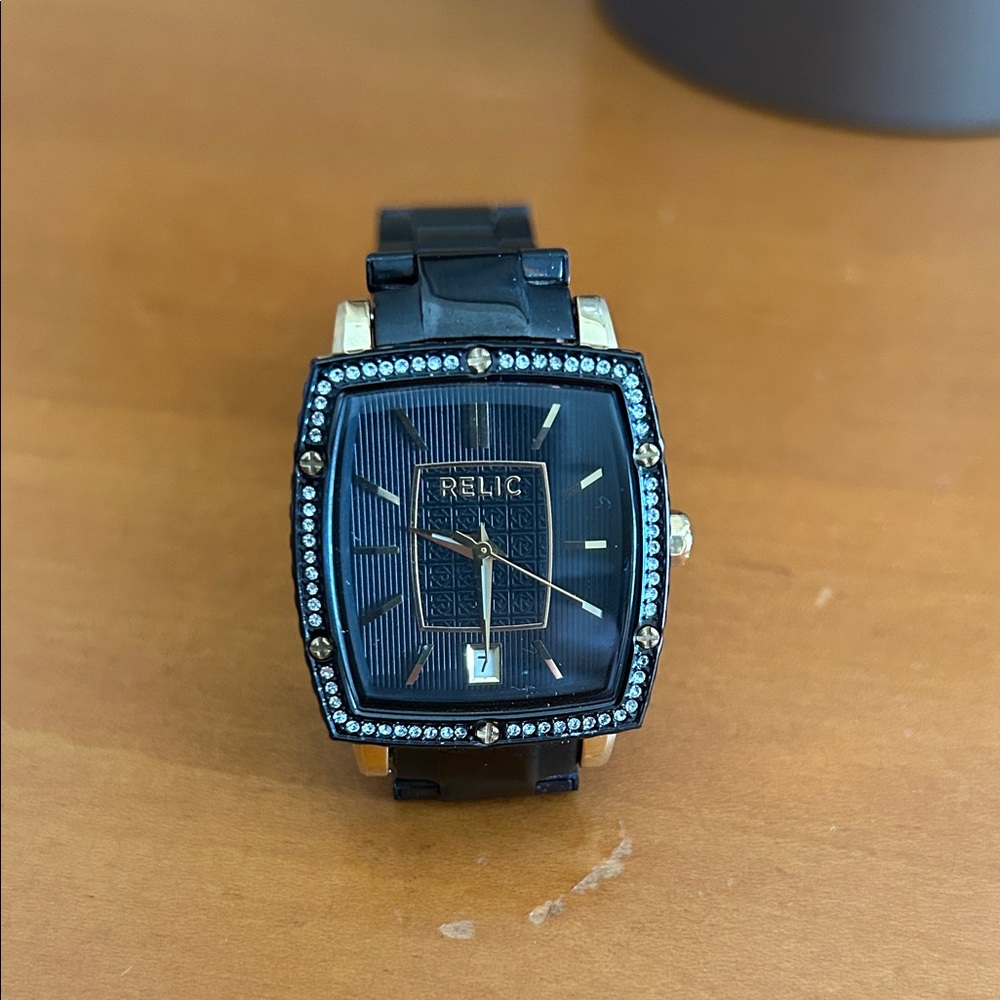 Relic Black and Silver Watch with Crystal Details